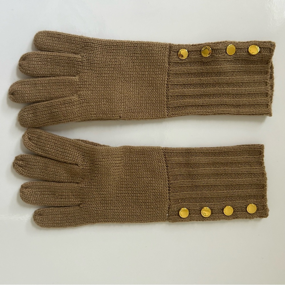 MICHAEL Michael Kors Gloves Knit Tan Camel Neutral Gold Buttons Women’s One Size
